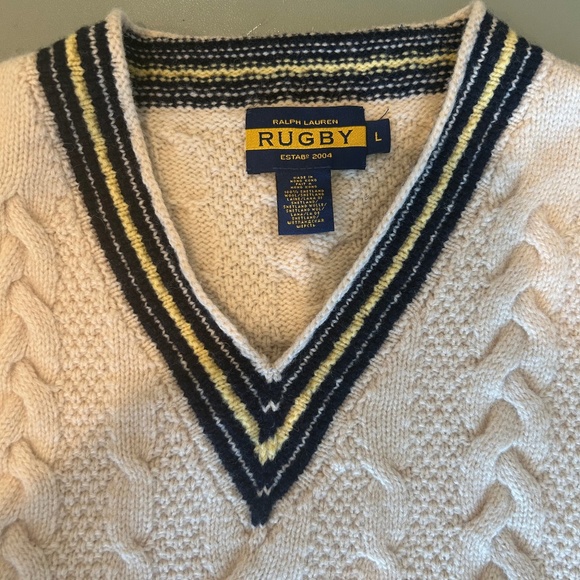 RARE! Ralph Lauren RUGBY V-Neck Cable Knit Sweater Vest | Cream | Collegiate L - Picture 3 of 5